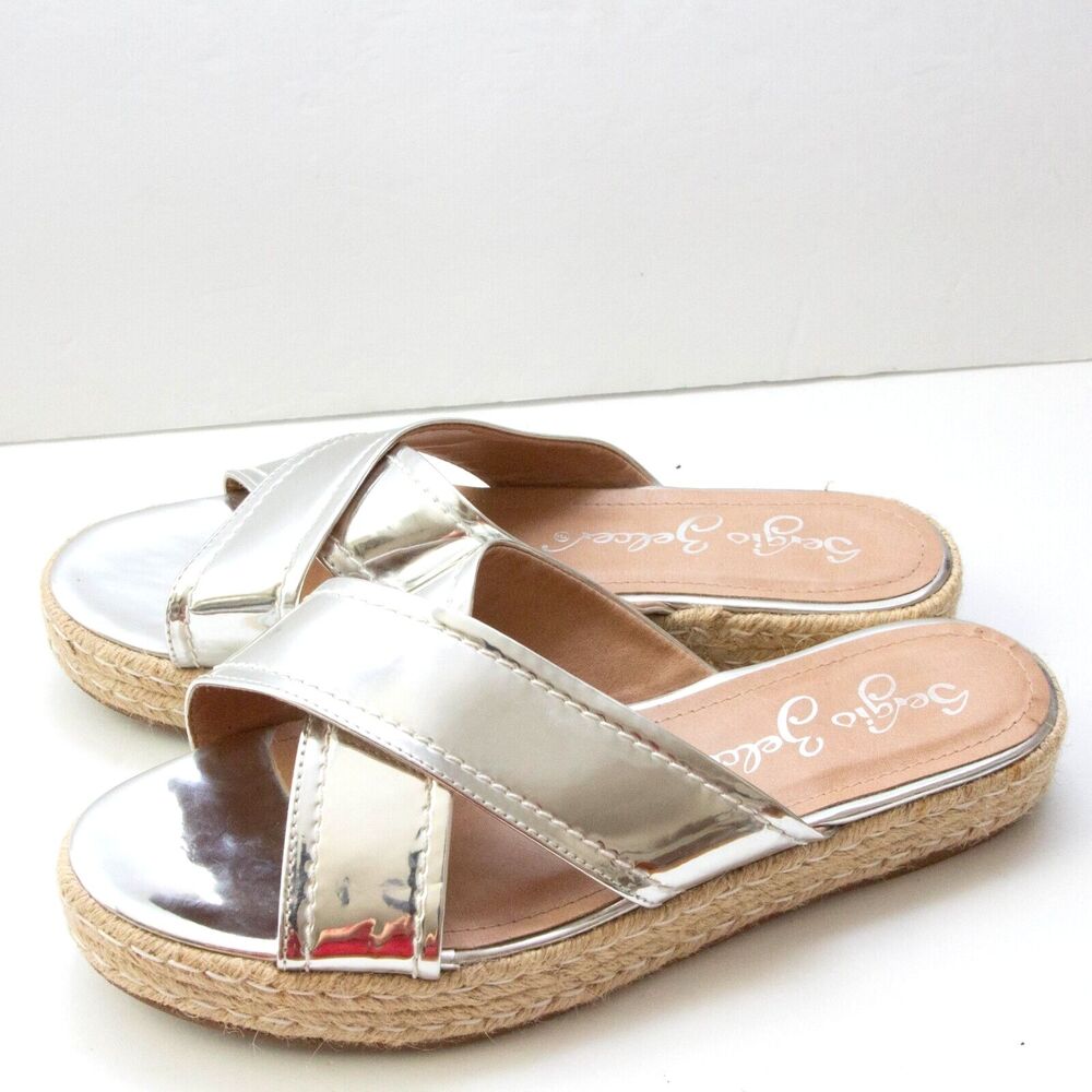 Sergio Zelcer Metallic Silver Chrome Cross Strips Slip On Platform Sandals 10